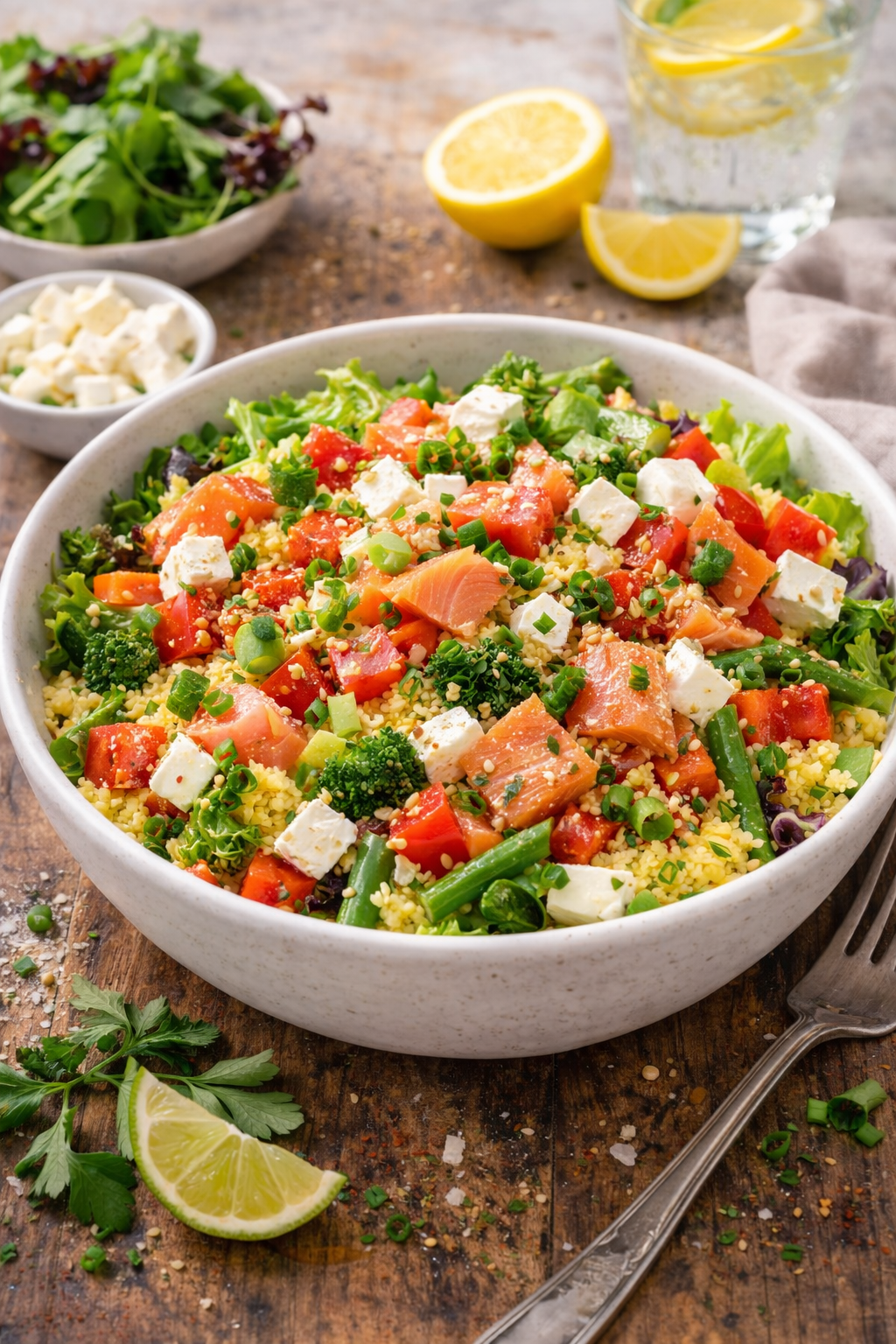 Gezonde couscous salade met gerookte zalm en groenten, recept van Healthyslim en nooitmeertedik in Zoetermeer