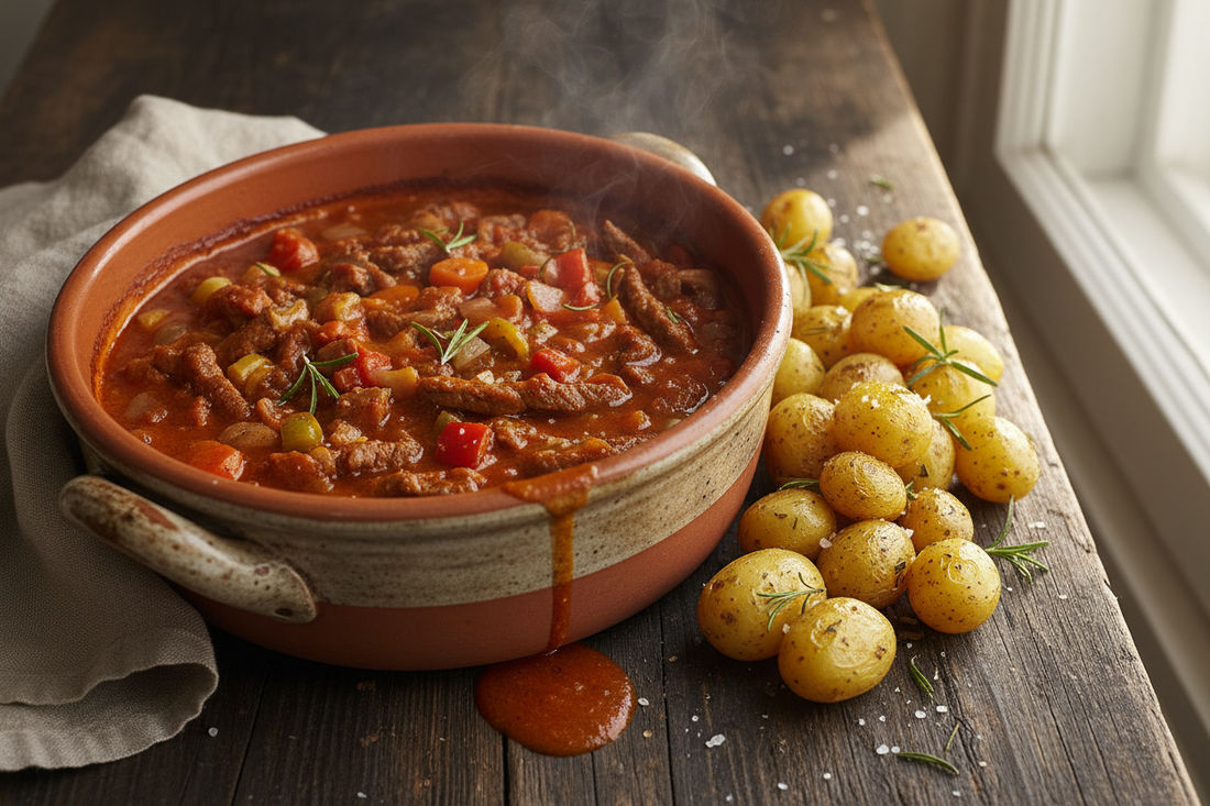 Makkelijke goulash met krieltjes en mager rundvlees. Eiwitrijk, gezond en snel klaar. Recept van Healthyslim in Zoetermeer voor een voedzame avondmaaltijd.