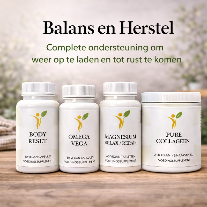 Balans en herstel supplementen met Body Reset, Omega Vega, Magnesium Relax Repair en Pure Collageen voor ondersteuning van ontspanning en herstel van het lichaam