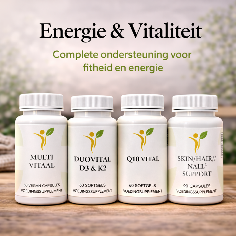 Energie en vitaliteit supplementen met Multi Vitaal, DuoVital D3 & K2, Q10 Vital en Skin Hair Nail Support voor ondersteuning van energie en dagelijkse vitaliteit