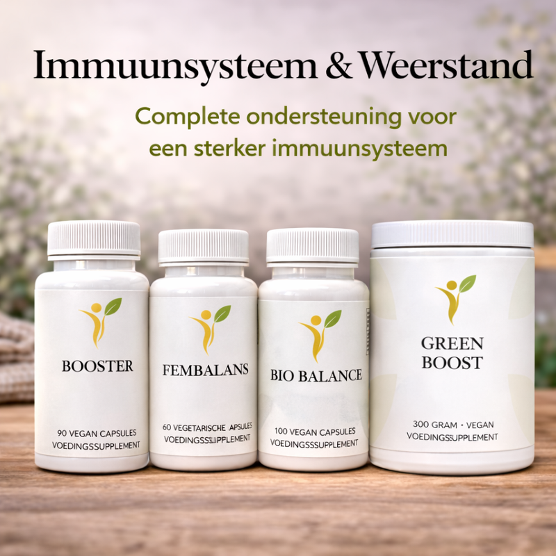 Immuunsysteem en weerstand supplementen met Green Boost, Booster, Bio Balance en Fembalans voor ondersteuning van weerstand en een sterk immuunsysteem