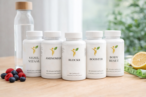 Afslankpakket met Vezel Vitaal, AminoMax, Blockr, Booster en Body Reset supplementen in een lichte lifestyle omgeving