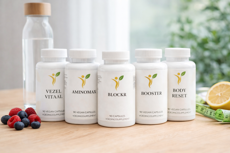 Afslankpakket met Vezel Vitaal, AminoMax, Blockr, Booster en Body Reset supplementen in een lichte lifestyle omgeving
