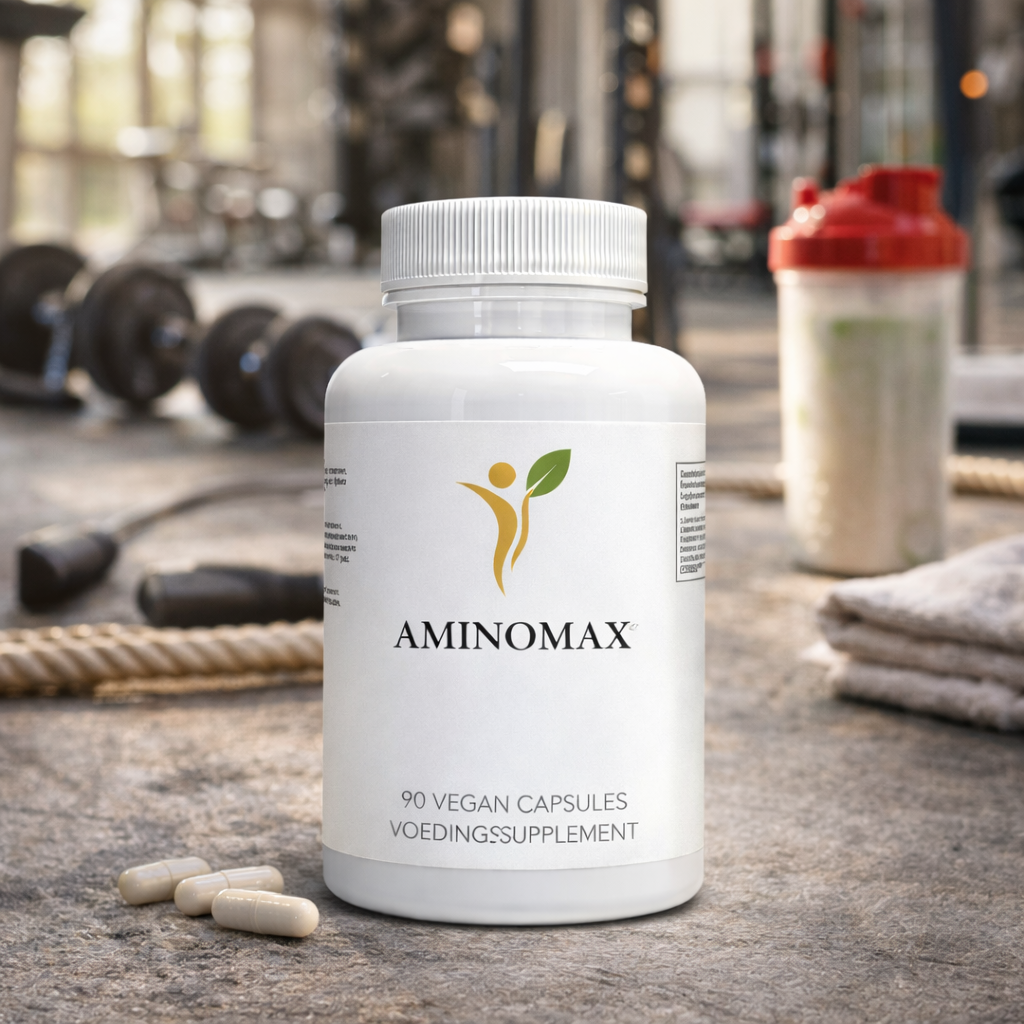 Aminomax aminozuren supplement in gym setting met gewichten, shaker en sportieve lifestyle sfeer