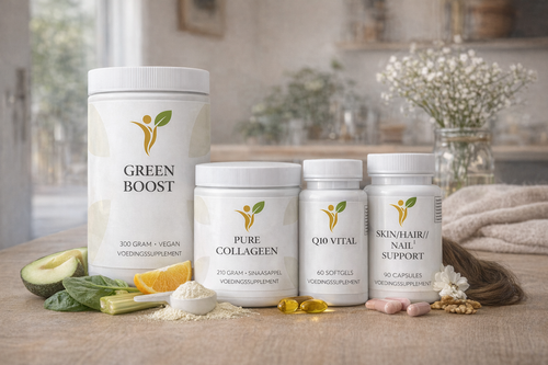 Beauty van binnen en buiten pakket met Green Boost, collageen, Q10 Vital en Skin Hair Nail Support voor huid, haar en nagels