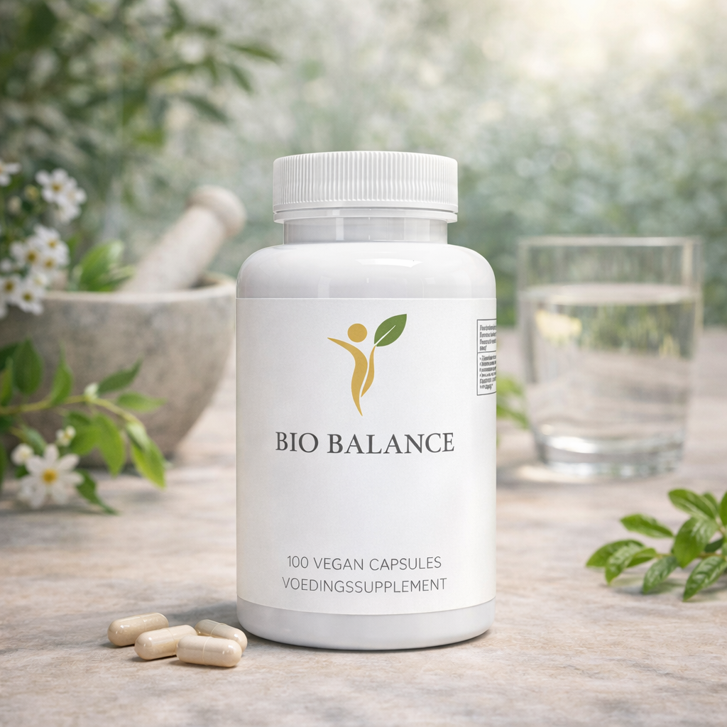 Bio Balance supplement voor darmflora en balans met natuurlijke ingrediënten en frisse groene lifestyle setting