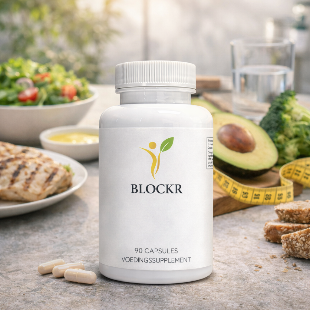 Blockr supplement voor gewichtscontrole met gezonde voeding zoals kip, avocado en salade in lifestyle setting