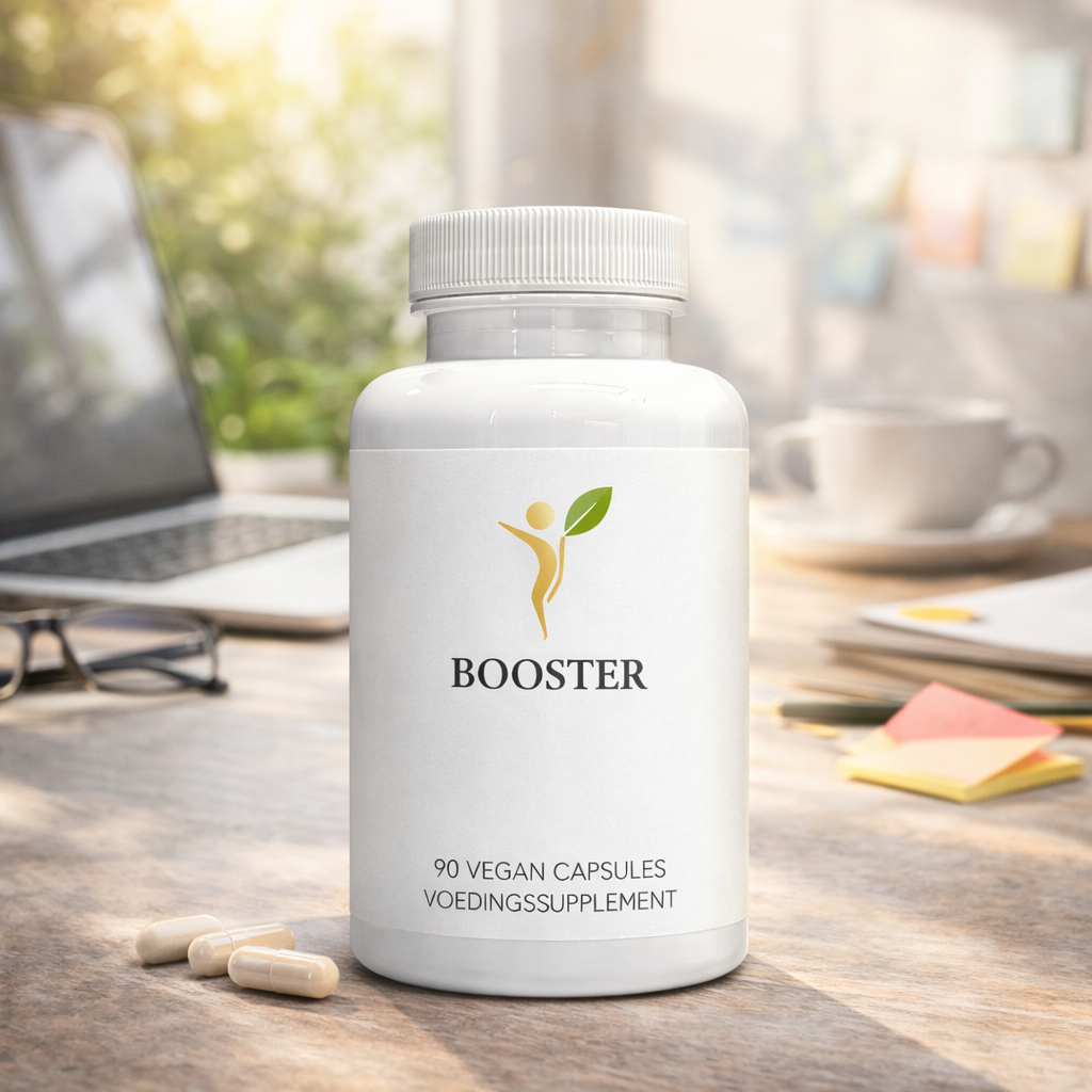 Booster supplement voor focus en energie op werkplek met laptop, koffie en capsules