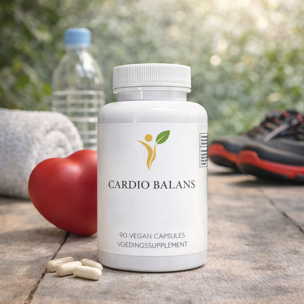 Cardio Balans supplement voor hartgezondheid in actieve lifestyle setting met sport en natuurlijke omgeving
