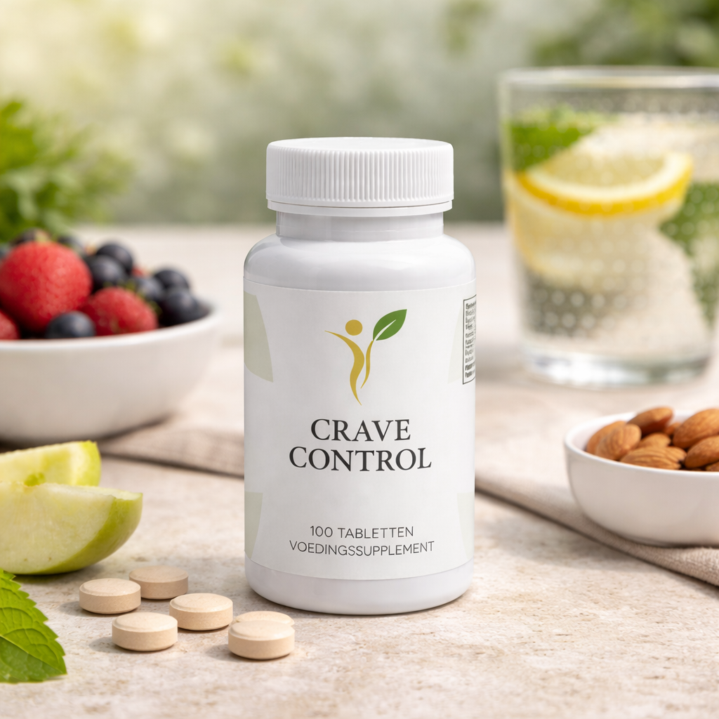 Crave Control supplement met chroom op tafel met gezonde snacks zoals fruit en noten voor stabiele bloedsuiker en minder trek.