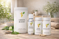 Darm Balans pakket met Detox Support, Vezel Vitaal, Bio Balans en Green Boost supplementen in een rustige lifestyle setting voor ondersteuning van de darmgezondheid