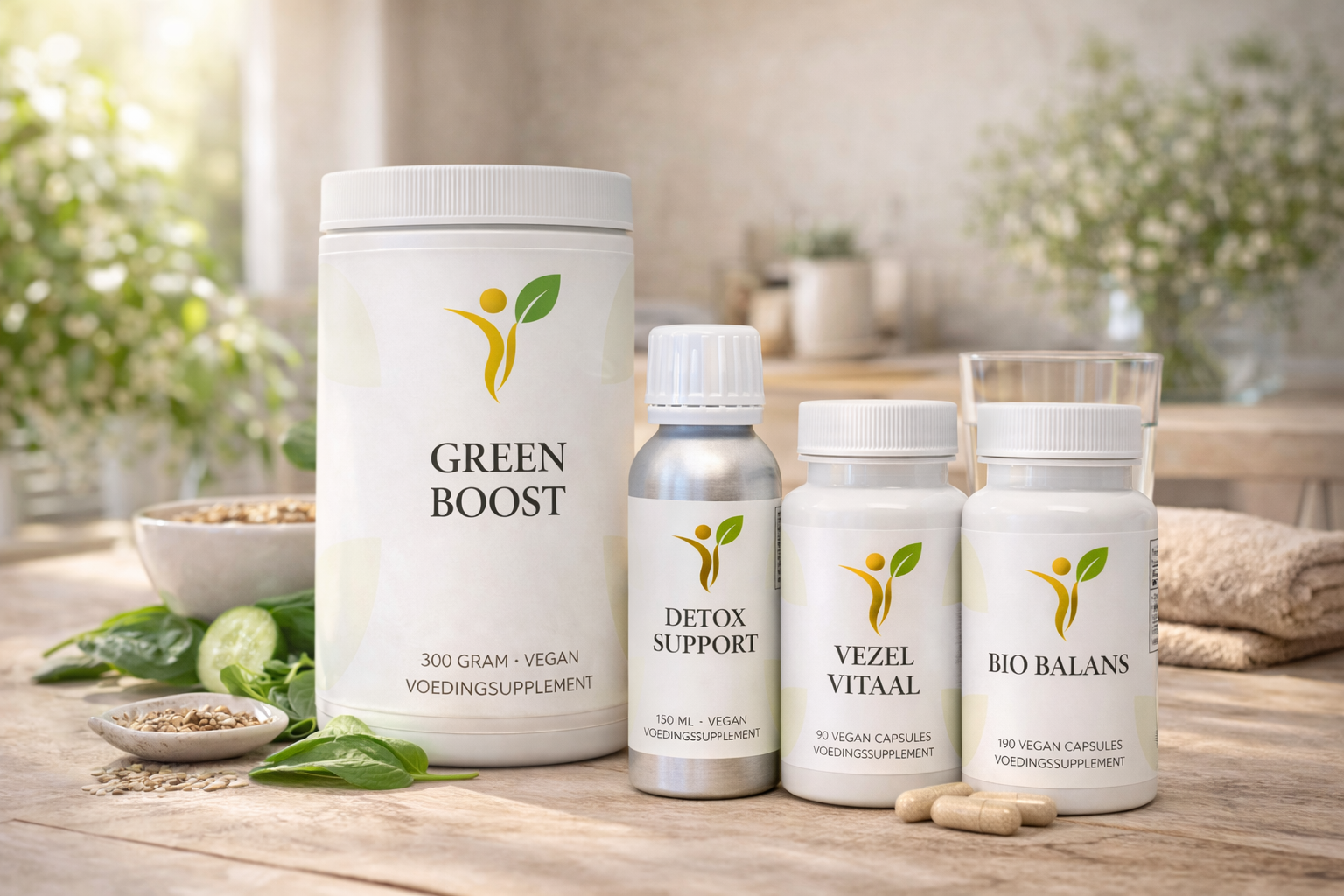 Darm Balans pakket met Detox Support, Vezel Vitaal, Bio Balans en Green Boost supplementen in een rustige lifestyle setting voor ondersteuning van de darmgezondheid