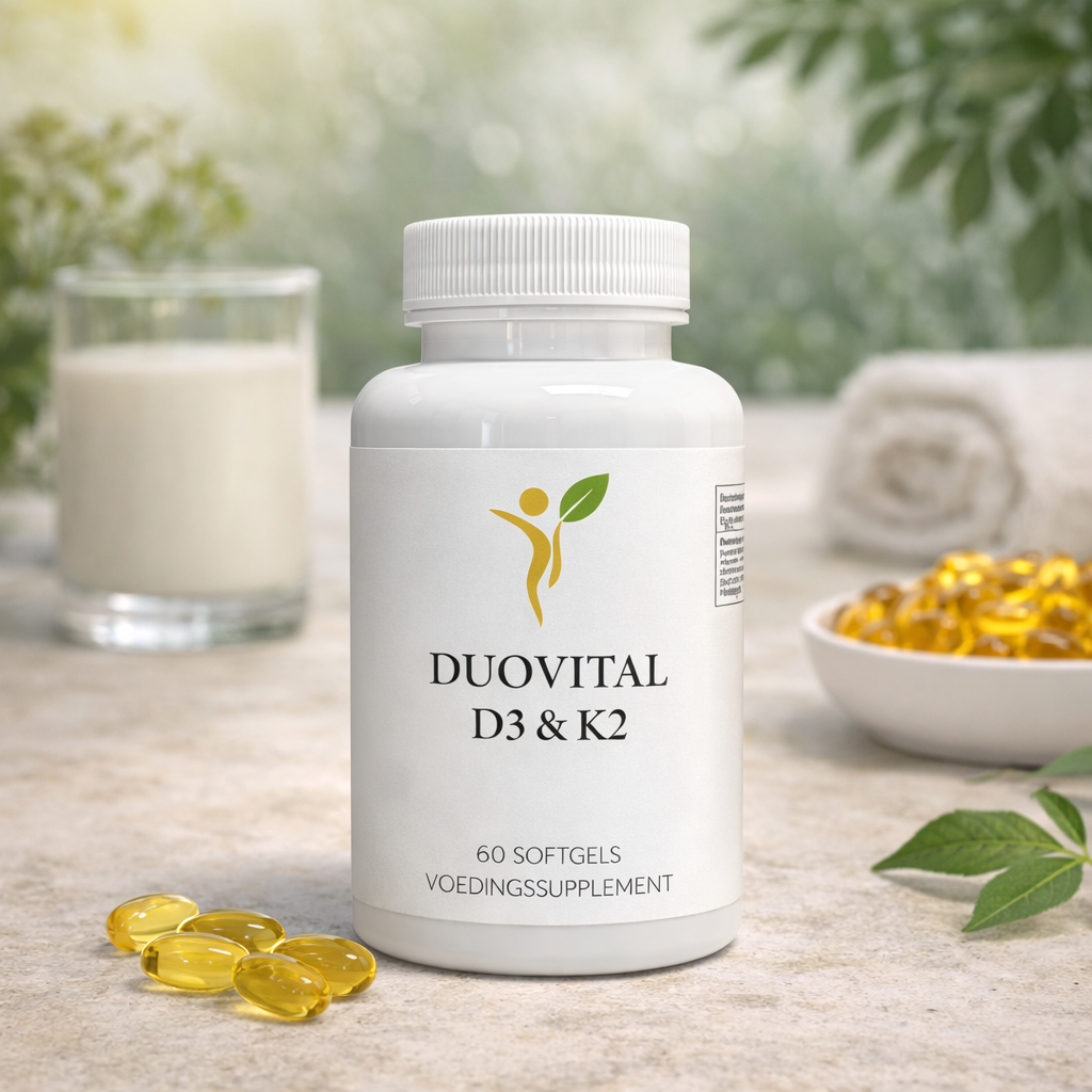 DuoVital D3 en K2 supplement met capsules in een rustige gezonde setting voor ondersteuning van botten en immuunsysteem.