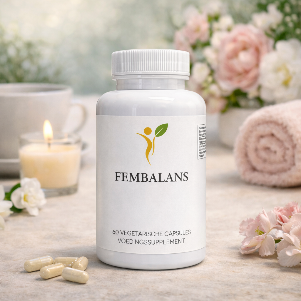Fembalans supplement voor hormonale balans bij vrouwen met bloemen, kaars en rustgevende wellness setting