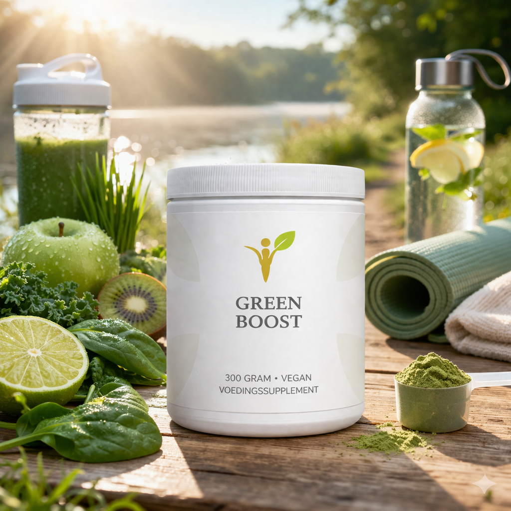 Green Boost superfood supplement in natuurlijke outdoor setting met groene smoothie, fruit en ochtendzon