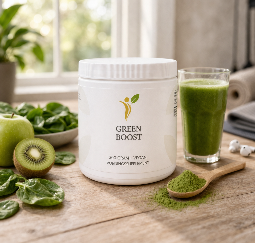 Green Boost superfood poeder naast groene smoothie en verse ingrediënten in lichte keuken setting