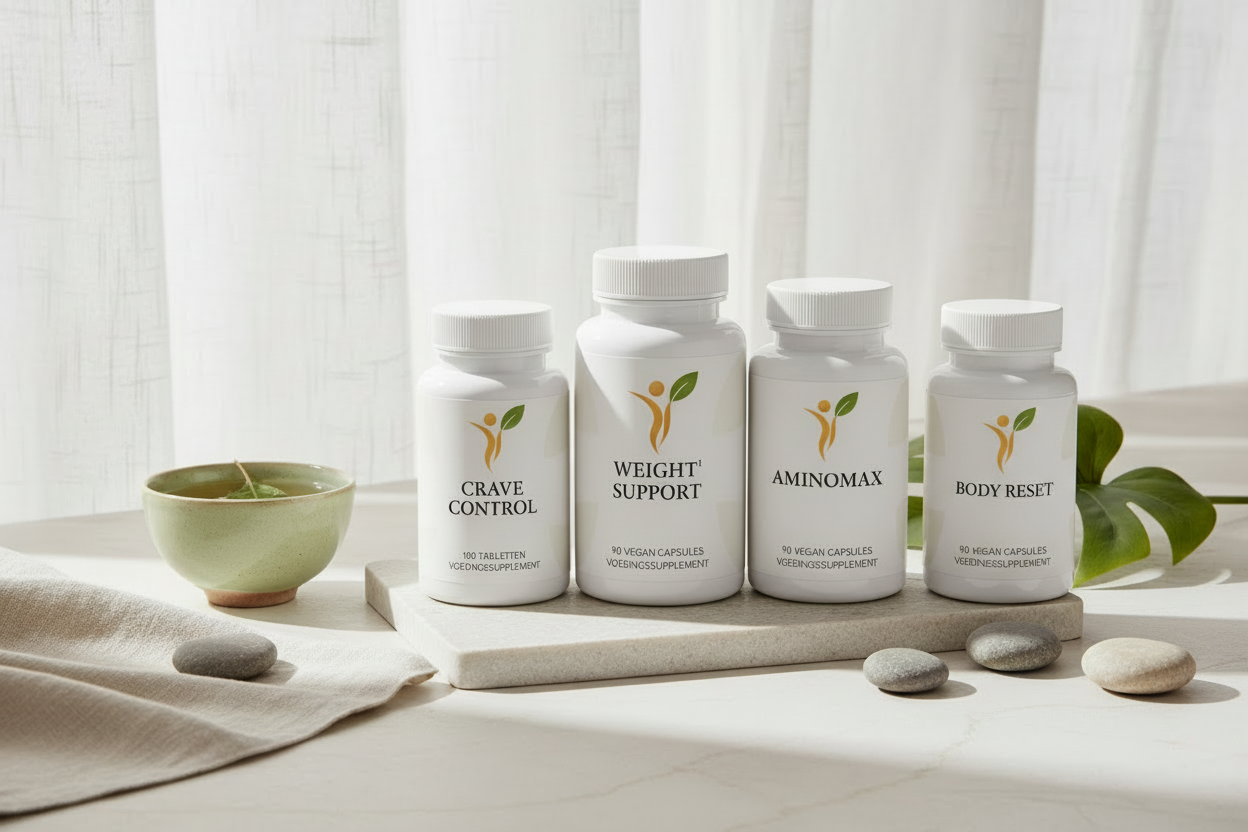 Supplementen pakket met Crave Control, Weight Support, Aminomax en Body Reset voor minder trek, controle over cravings en ondersteuning bij afvallen