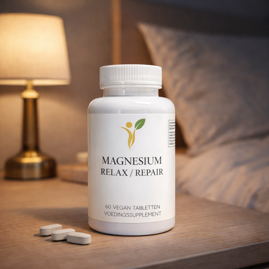 Magnesium Relax Repair supplement naast bed in warme avondsetting voor ontspanning en herstel