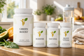 Meer Energie pakket met Green Boost, Booster, Q10 Vital en Multi Vitaal supplementen in een rustige lifestyle setting voor ondersteuning van energie en vitaliteit