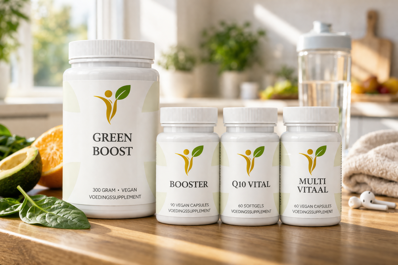 Meer Energie pakket met Green Boost, Booster, Q10 Vital en Multi Vitaal supplementen in een rustige lifestyle setting voor ondersteuning van energie en vitaliteit