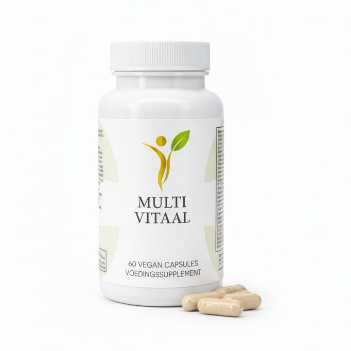 Multi Vitaal voedingssupplement met 60 vegan capsules op witte achtergrond