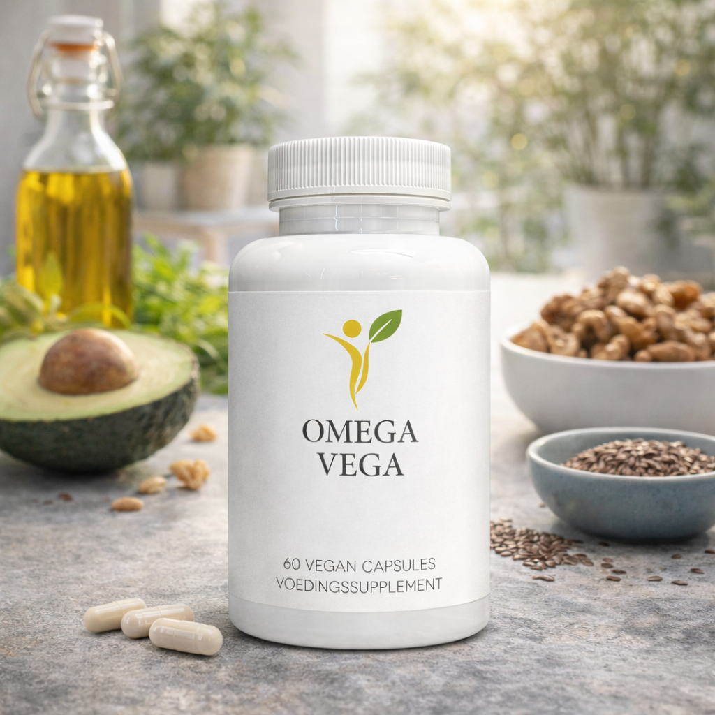 Omega Vega vegan omega 3 supplement met avocado, noten en plantaardige oliën in een natuurlijke lifestyle setting