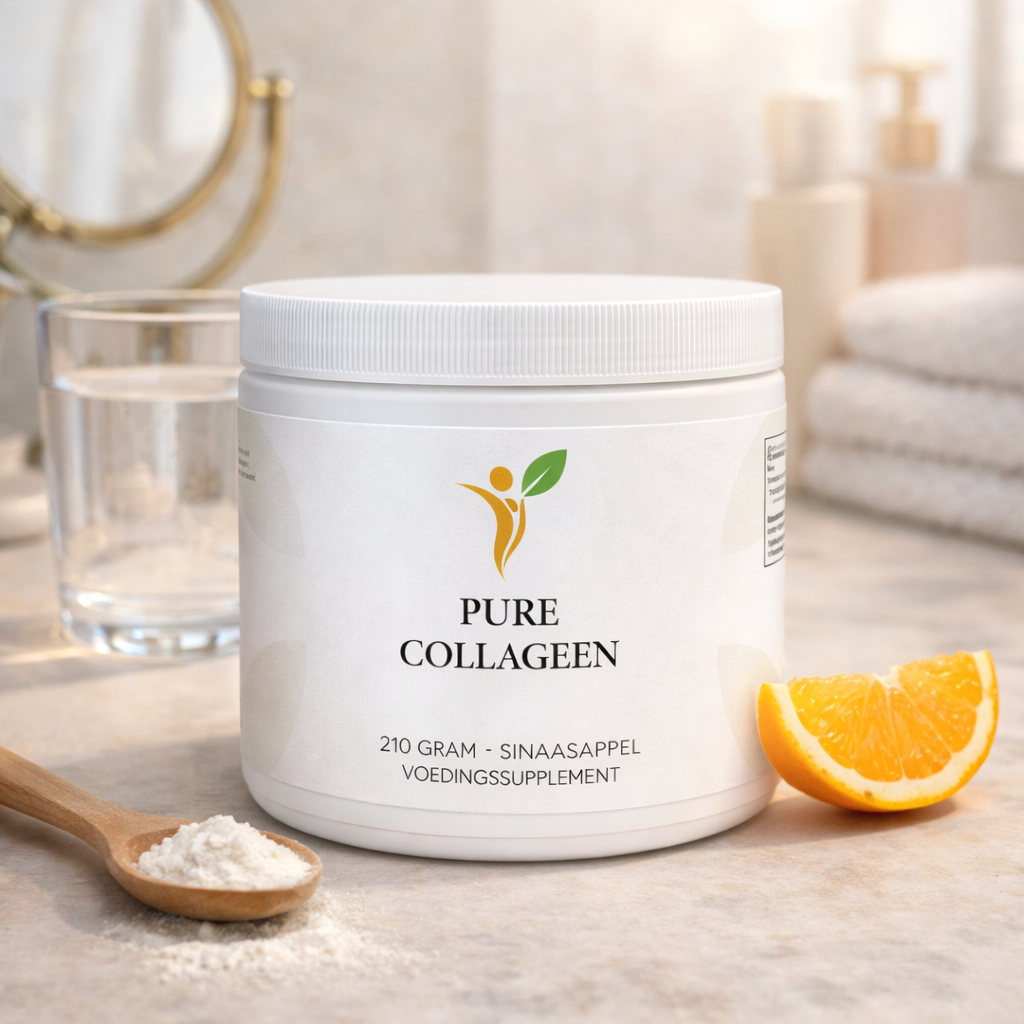Pure Collageen sinaasappel supplement in beauty lifestyle setting met glas water en frisse ochtend sfeer