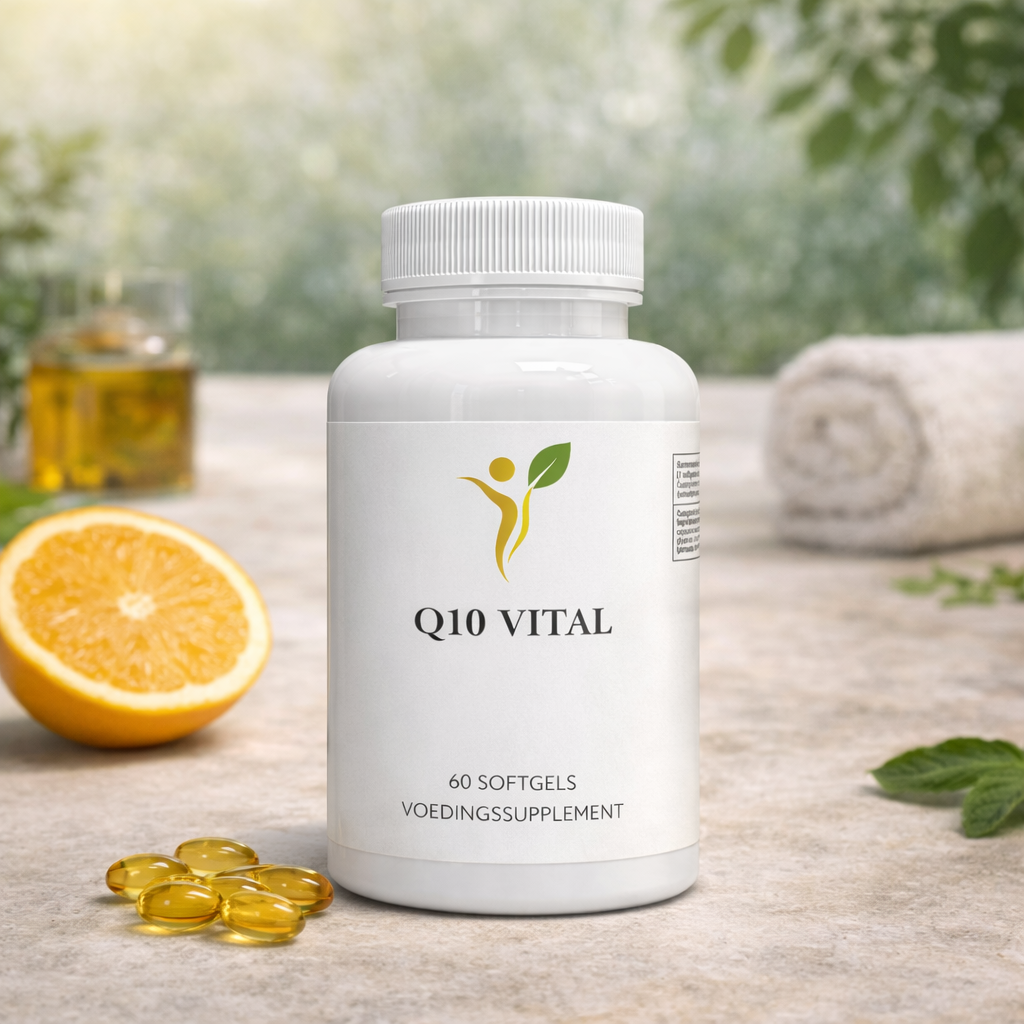 Q10 Vital supplement met capsules in een rustige setting voor ondersteuning van energie en vitaliteit