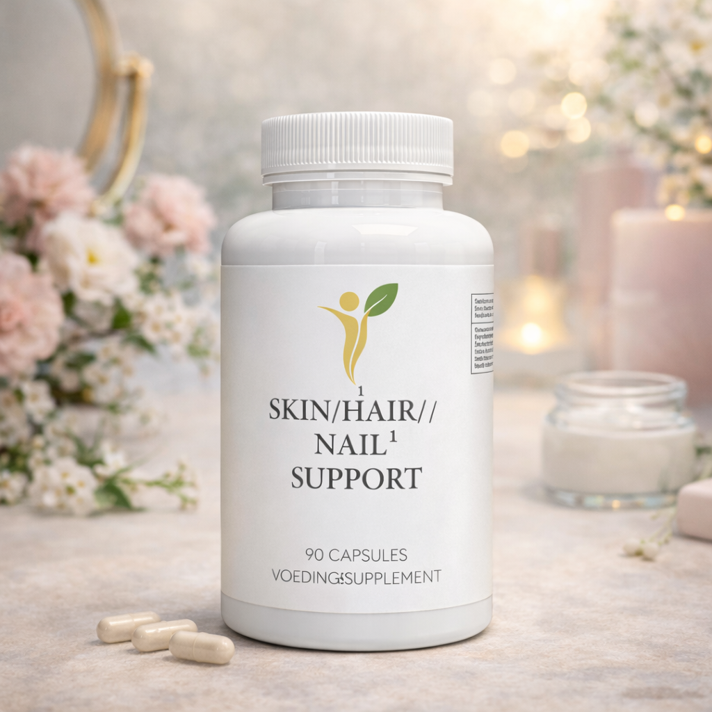 Skin Hair Nail Support supplement voor huid haar en nagels in zachte beauty lifestyle setting met bloemen en kaarslicht