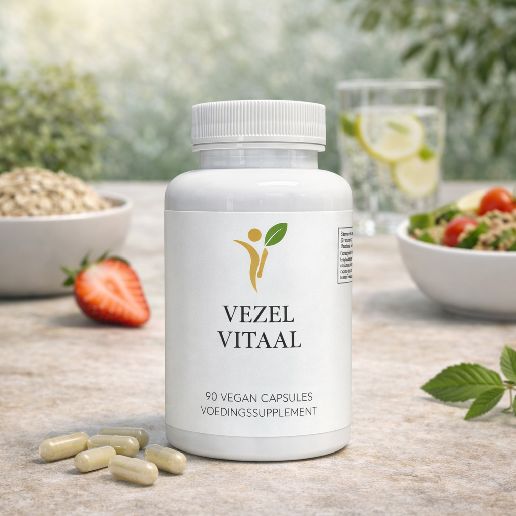 Vezel Vitaal supplement met vezelrijke voeding zoals granen en fruit voor ondersteuning van de darmgezondheid